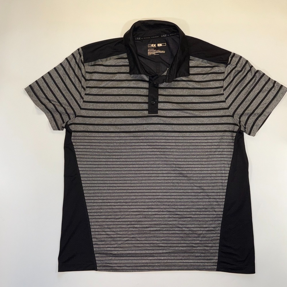 MSX by Michael Strahan Polo Shirt Mens XL Black Gray Striped Performance Popover